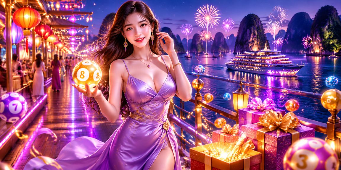 Cảnh chợ đêm sôi động tại Vịnh Hạ Long với các gian hàng xổ số và giải thưởng